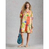 White Stuff Pure Cotton Printed V-Neck Tiered Dress Yellow Mix