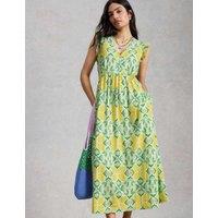 White Stuff Pure Cotton Printed Midaxi Waisted Dress Green Mix