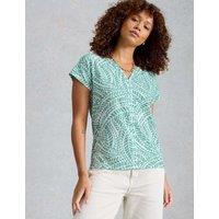 White Stuff Pure Cotton Printed Embroidered V-Neck Blouse Teal Mix