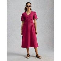 White Stuff Pure Cotton V-Neck Textured Midi Waisted Dress Pink