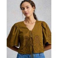 White Stuff Pure Cotton Embroidered Tie Front Top Green