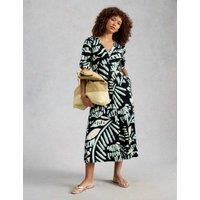 White Stuff Cotton Blend V-Neck Midi Tea Dress Black Mix