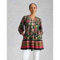 White Stuff Pure Cotton Floral Notch Neck Tunic Green Mix