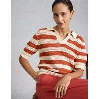 White Stuff Pure Cotton Collared Knitted Top Brown Mix