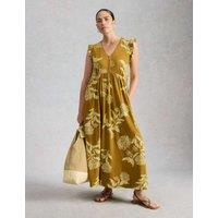 White Stuff Cotton Modal Floral V-Neck Maxi Waisted Dress Yellow Mix