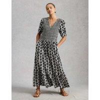 White Stuff Jersey Geometric Midi Shirred Dress Black Mix