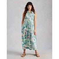 White Stuff Pure Cotton Bird Print Maxi Waisted Dress Blue Mix