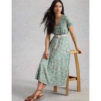 White Stuff Cotton Blend V-Neck Midi Tea Dress Blue Mix