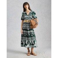 White Stuff Printed V-Neck Midi Waisted Dress Green Mix