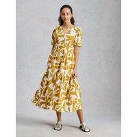 White Stuff Pure Cotton Floral V-Neck Midi Tiered Dress Yellow Mix