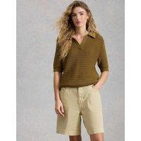 White Stuff Pure Cotton Textured Collared Knitted Top Green