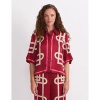 Sportscraft Printed Collared Relaxed Blouse Burgundy Mix