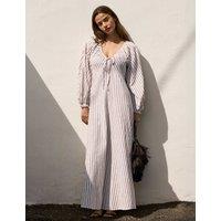 RO&ZO Pure Cotton Striped Tie Neck Maxi Dress Brown Mix