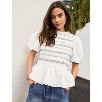 RO&ZO Cotton Rich Shirred Puff Sleeve Top White Mix