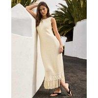RO&ZO Pure Cotton Fringed Midaxi Knitted Dress Cream