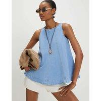 River Island Cotton Rich Tie Detail Peplum Top Light Blue