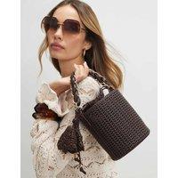 River Island Faux Leather Woven Braided Handle Bucket Bag Chocolate