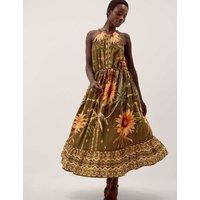 Monsoon Tropical Print Halter Neck Midi Dress Khaki Mix