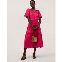 Monsoon Pure Cotton Square Neck Cutwork Detail Midi Tiered Dress Pink