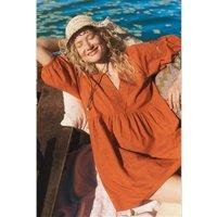 Monsoon Pure Cotton Embroidered V-Neck Mini Smock Dress Orange