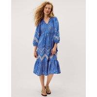 Monsoon Printed V-Neck Midi Skater Dress Blue Mix