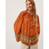 Monsoon Printed Tie Neck Button Through Blouse Orange Mix