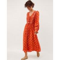 Monsoon Printed V-Neck Midaxi Waisted Dress Orange Mix