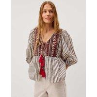 Monsoon Pure Cotton Embroidered Tie Front Blouse Ivory