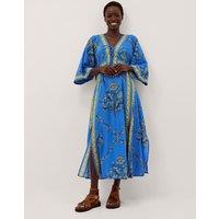 Monsoon Pure Cotton Floral Tie Neck Midaxi Dress Blue Mix