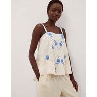 Monsoon Pure Cotton Embroidered Square Neck Cami Top Ivory
