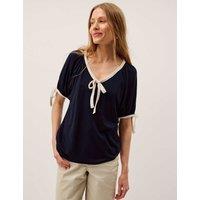 Monsoon Jersey Contrast Trim Bow Detail T-Shirt Navy