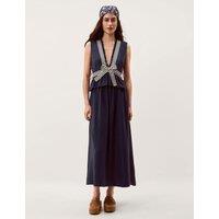 Monsoon V-Neck Stripe Bow Detail Midi Dress Navy