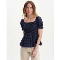 Finery London Cotton Blend Seersucker Gingham Shirred Top Navy