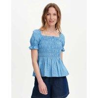 Finery London Cotton Blend Seersucker Gingham Shirred Top Blue