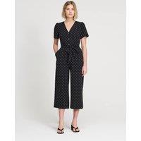 Finery London Polka Dot Belted Cropped Wide Leg Jumpsuit Black Mix
