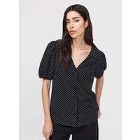 Finery London Polka Dot Short Sleeve Button Through Top Black Mix
