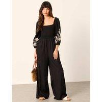 FatFace Cotton Blend Embroidered 3/4 Sleeve Jumpsuit Black Mix