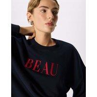 Whistles Pure Cotton Beau Slogan Sweatshirt Navy