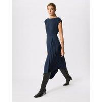 Whistles Pleat Detail Belted Asymmetric Dress Navy