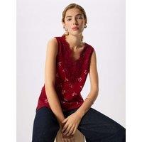 Whistles Floral V-Neck Lace Trim Top Burgundy Mix