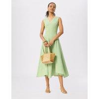 Whistles Cotton Rich Textured Checked V-Neck Midi Dress Green Mix