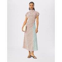Whistles Geometric Checked Cowl Neck Midi Column Dress Pink Mix