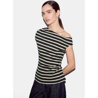 Jigsaw Pure Cotton Striped Off the Shoulder T-Shirt Navy Mix