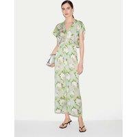 Jigsaw Satin Sketch Rose V-Neck Midaxi Tea Dress Light Grey Mix