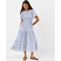 ACCESSORIZE Pure Cotton Cutwork Midi Shirred Dress Blue