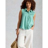 White Stuff Pure Cotton Ladder Lace Collared Shirt Blue