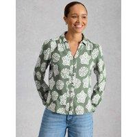 White Stuff Pure Cotton Printed Collared Notch Neck Blouse Green Mix