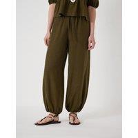 HUSH Linen Rich Barrel Leg Beach Trousers Khaki