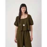 HUSH Linen Rich Square Neck Puff Sleeve Beach Top Khaki