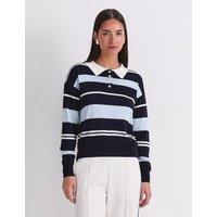 Sportscraft Silk Rich Striped Polo Neck Shirt Navy